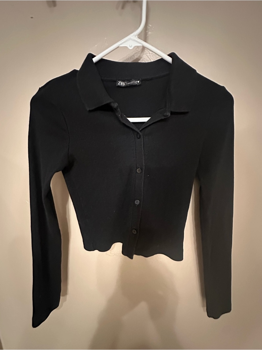 Zara Black Long-Sleeve Button-Down Cropped Ribbed Knit Shirt Size S - Picture 4 of 4